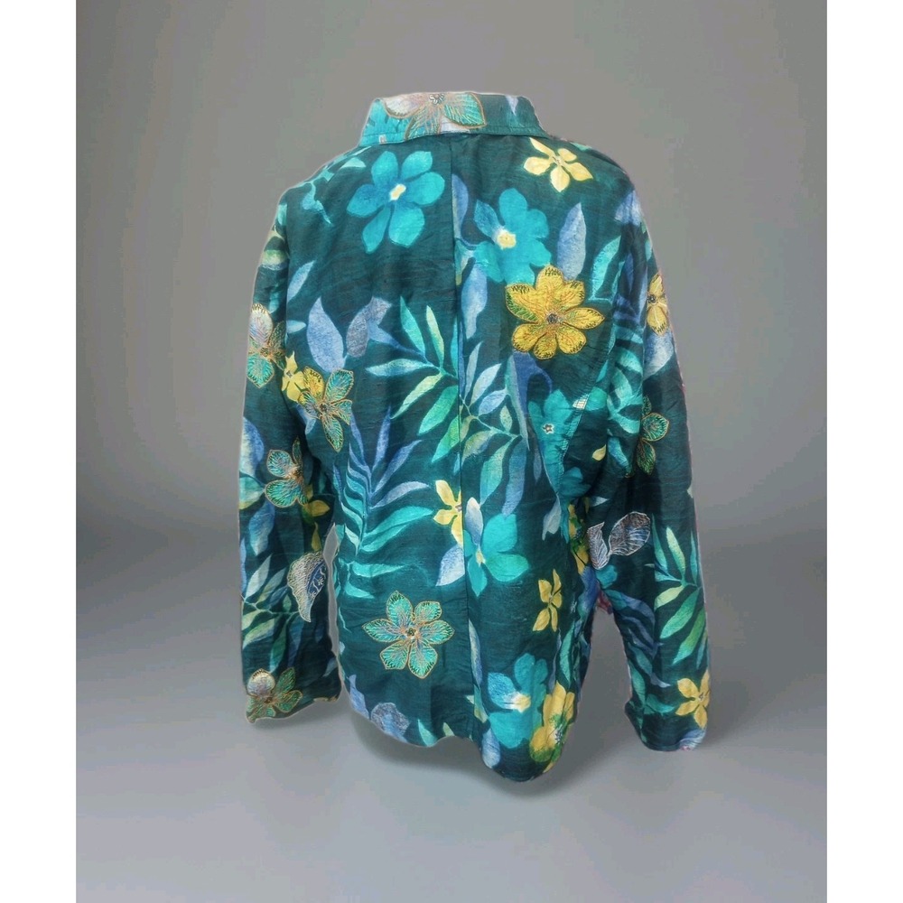 chicos tops size 2 L Jacket Dress Button Shirt 100% Silk Floral Embroidery Blue - Picture 3 of 9